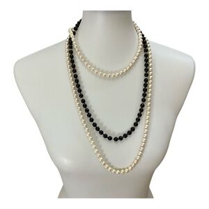 Vintage Black & Gold Tone Bead Necklace Faux Pearl Strand Layered Set Classic